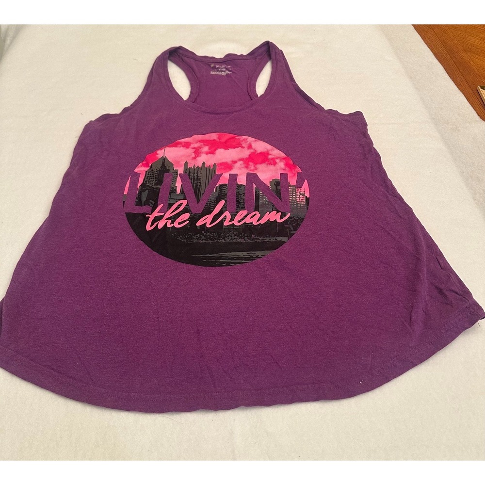 Tek Gear Womens Tank Top L Purple Graphic Livin the Dream Racerback Workout